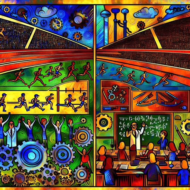 Cartoonillustratie van sportdisciplines en wetenschappelijke vakgebieden in een stadion en collegezaal, geïnspireerd op Marten Toonder