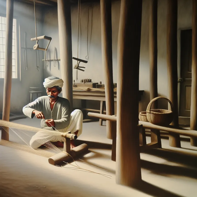 Een vakman die nauwkeurig een sterke draad om houten palen bindt in een sfeervolle werkruimte.