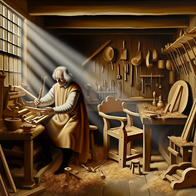 Oudere ambachtsman met vakmanschap houten stoel beitelt in zonnige werkplaats in Vermeer-stijl
