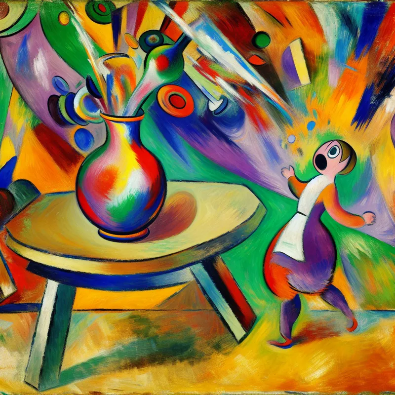Een kleurrijk, abstracte scène met een vallen van een grote vaas, een verraste kindachtige figuur, dynamische vormen en levendige kleuren.