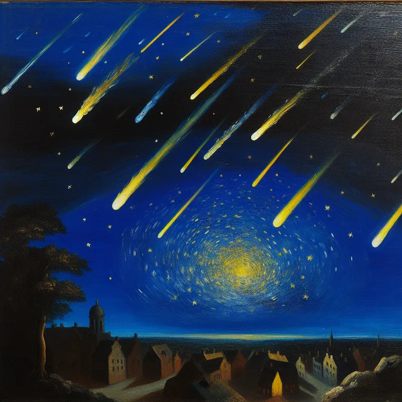 Een levendige nachtelijke scène met vallende sterren tegen een donkere blauwe lucht.