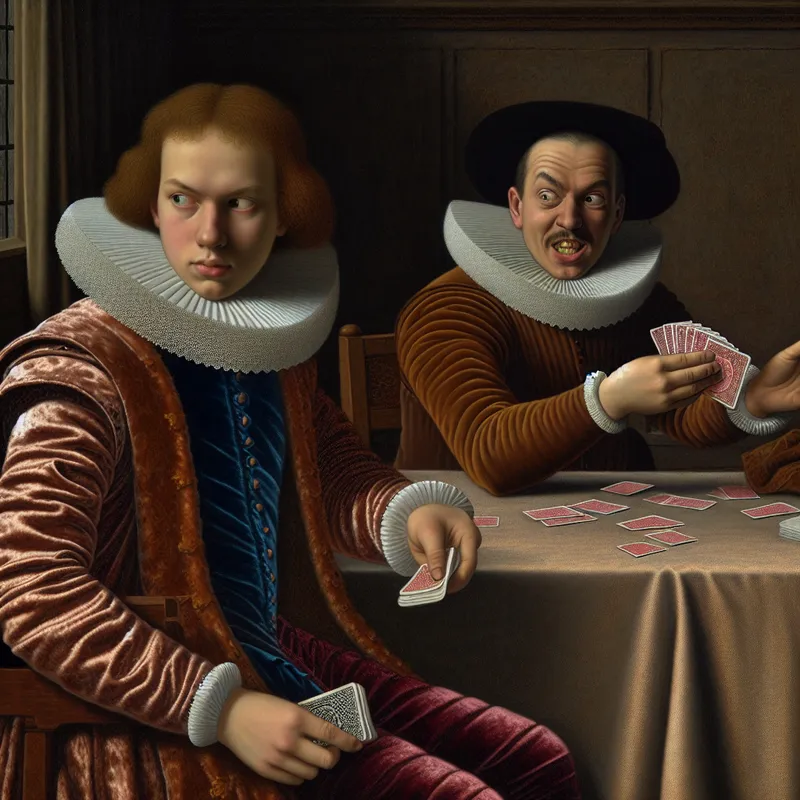 17e-eeuws Nederlands interieur met een jonge man die vals speelt bij kaarten, betrapt door een oudere heer in een kraag