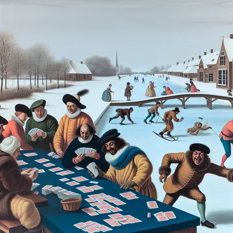 Gedetailleerde winterscène in de stijl van Hendrick Avercamp met mensen die kaarten spelen op een bevroren kanaal, waarbij één persoon vals speelt door stiekem extra kaarten uit zijn mouw te halen