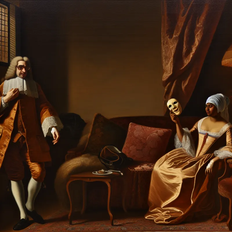 17e-eeuws schilderij van een persoon met een masker achter de rug, symboliserend valse charme en bedrog in het dagelijks leven