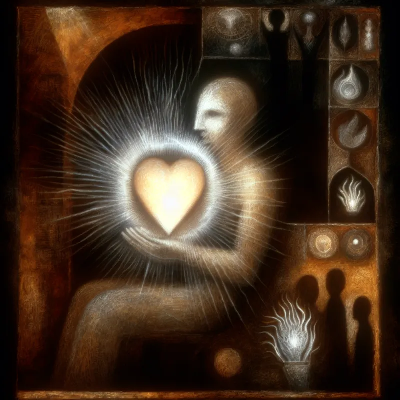 Symbolische illustratie van 'van belang zijn' met een gloeiend hart dat een mening voorstelt, omringd door vervagende rijkdomssymbolen in een donkere, gotische sfeer