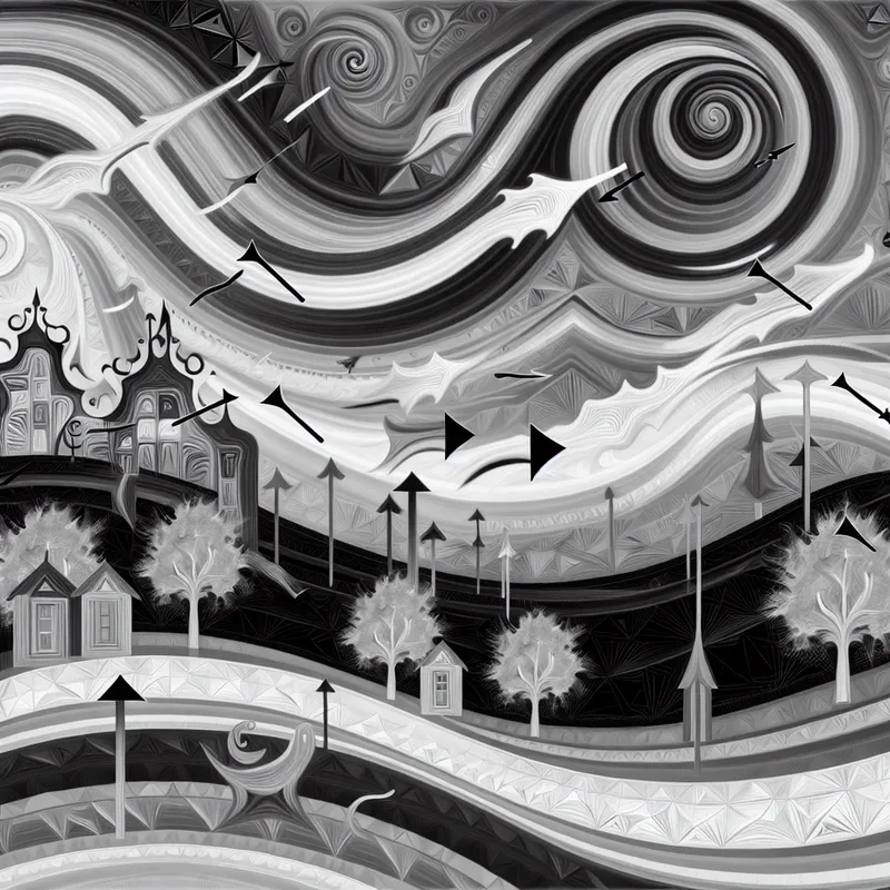 Surrealistische geometrische illustratie van wind die uit een bepaalde richting komt, geïnspireerd op M.C. Escher, met zwevende huizen en patronen van bladeren en vogels