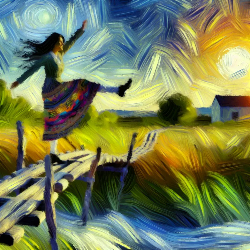 Persoon op smalle brug in de natuur omringd door energieke omgeving bij zonsondergang in stijl van Vincent van Gogh