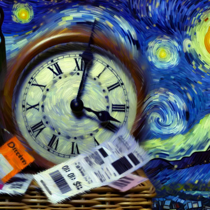 Expressieve schilderij in Van Gogh-stijl met een klok die naar middernacht wijst, omringd door aanbiedingen en vervagende bonnen, in een nachtelijke achtergrond.