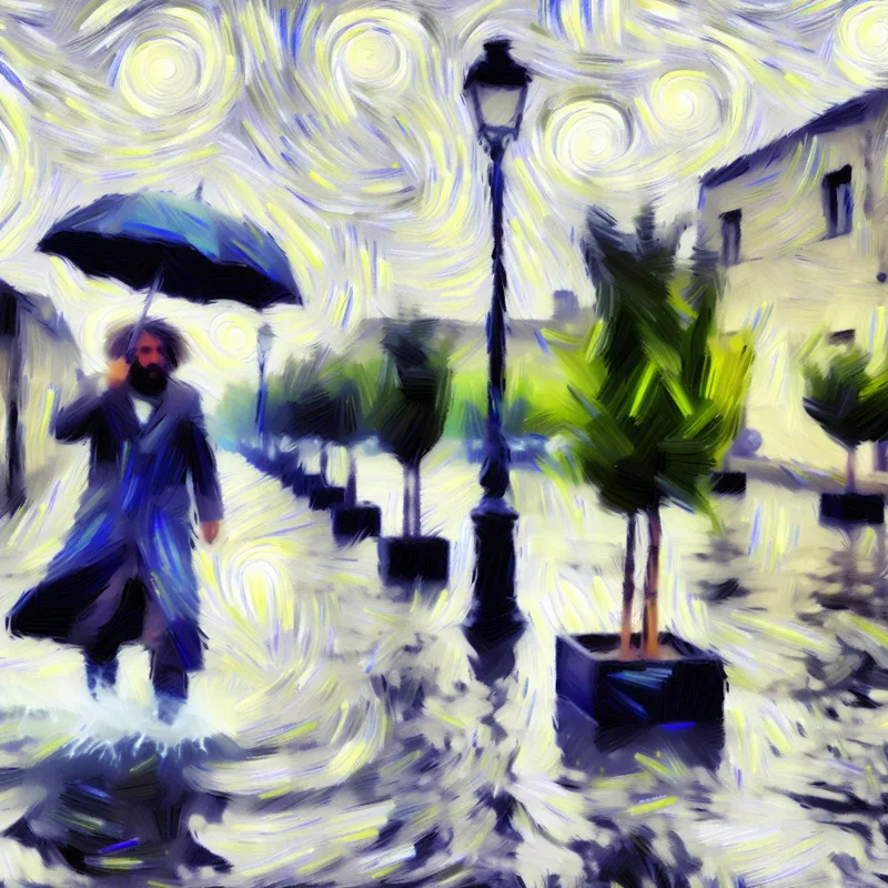 Persoon met paraplu stapt uit gebouw in stortregen, in stijl van Van Gogh