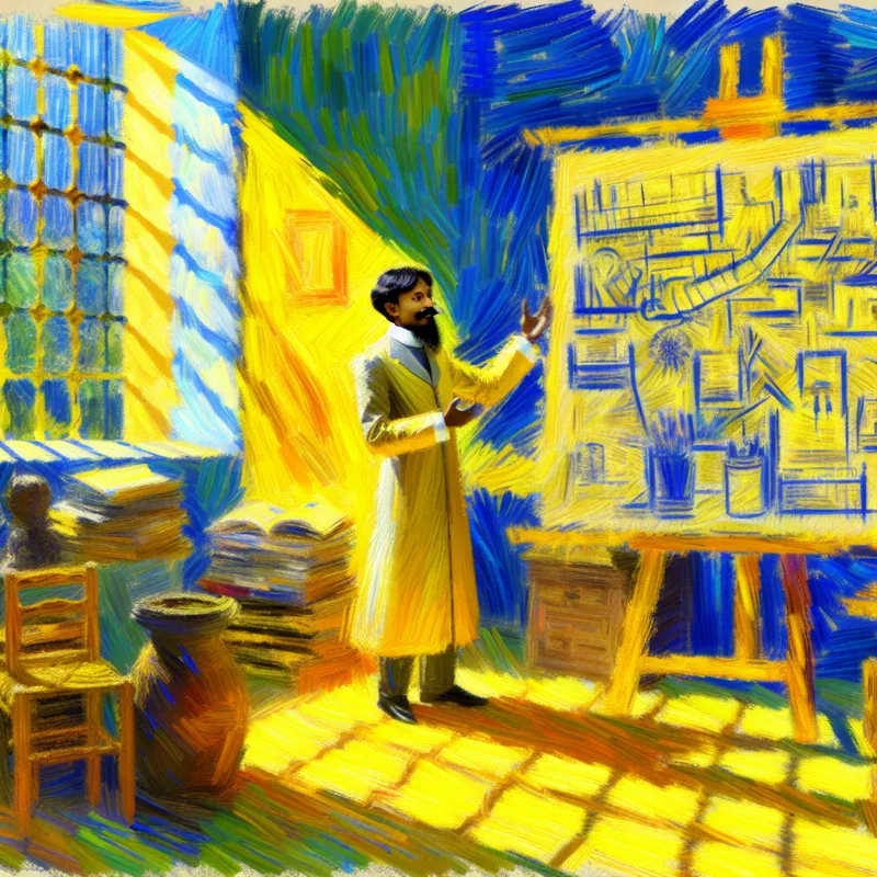 Een scholar in een Van Gogh-stijl schilderij, omringd door boeken, technologie en wetenschappelijke instrumenten, symboliseert specialisatie in kennis.