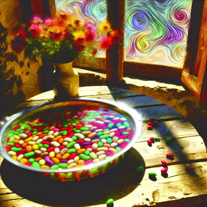 Bonenschotel in water op een houten tafel bij zonlicht, in de stijl van Van Gogh