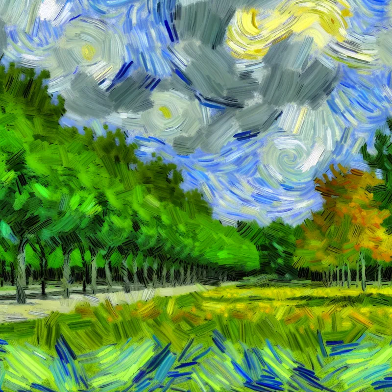 Landschap in Van Gogh-stijl van een levendig park met bewolkte lucht