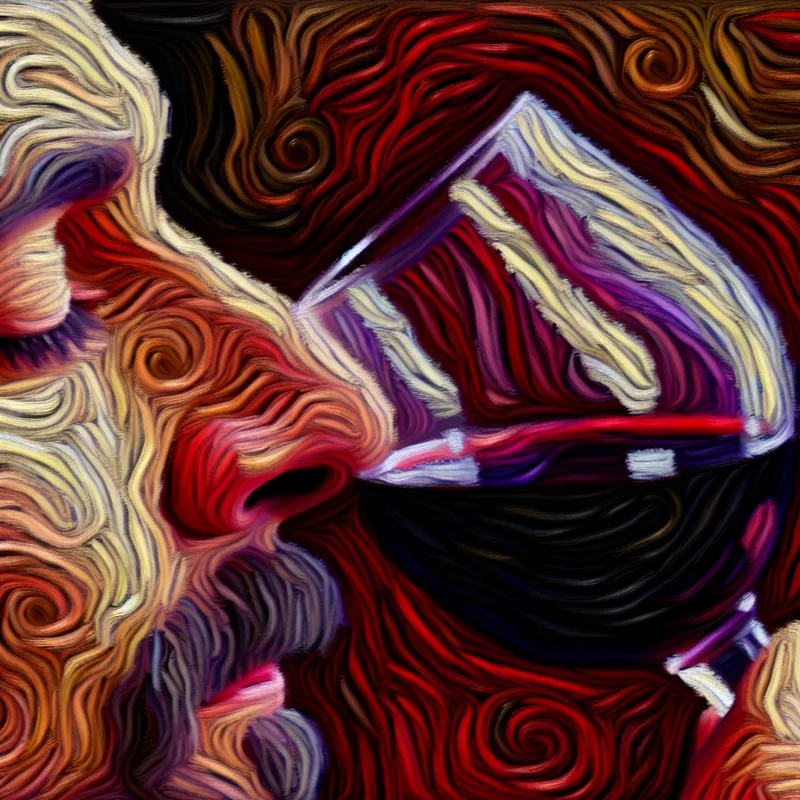 Expressief portret van een man die aan een glas rode wijn ruikt, geschilderd in de stijl van Vincent van Gogh met zwierige penseelstreken en rijke kleuren