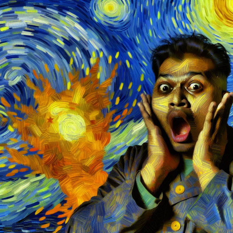 Schilderij in Van Gogh-stijl van een persoon met een geschokte uitdrukking die naar een vaag, gloeiend object kijkt, symbool voor 'zoiets' in een uitroep van verbazing