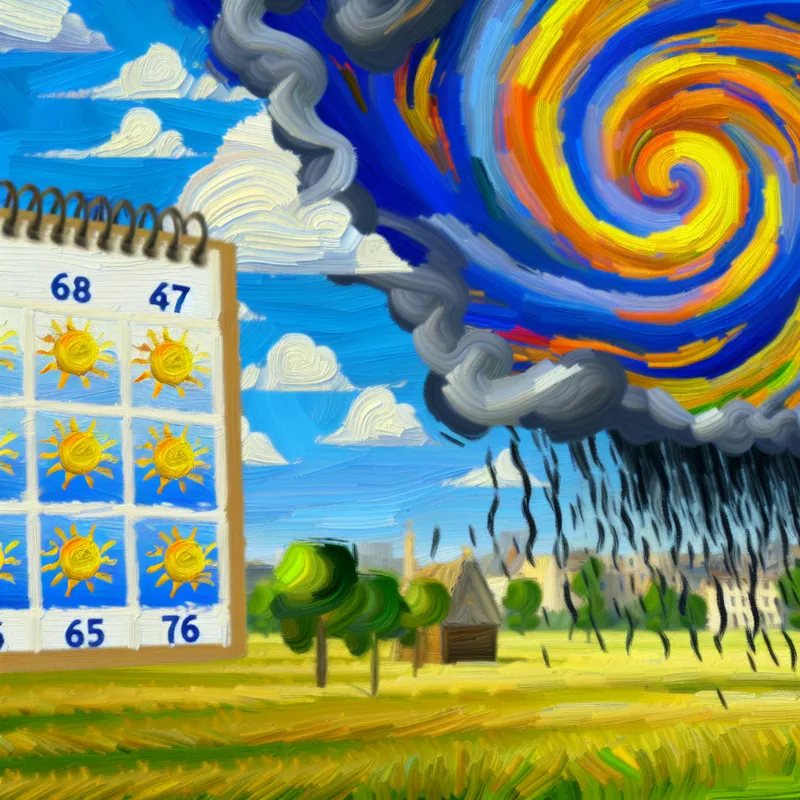 Vincent van Gogh-stijl weerkalender met storm boven zonnig landschap, mensen kijken verbaasd omhoog