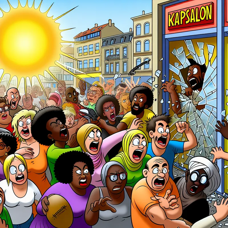 Een cartoonachtige weergave van een groep speelse vandalen die met blije gezichten de ramen van een kapsalon inslaan.