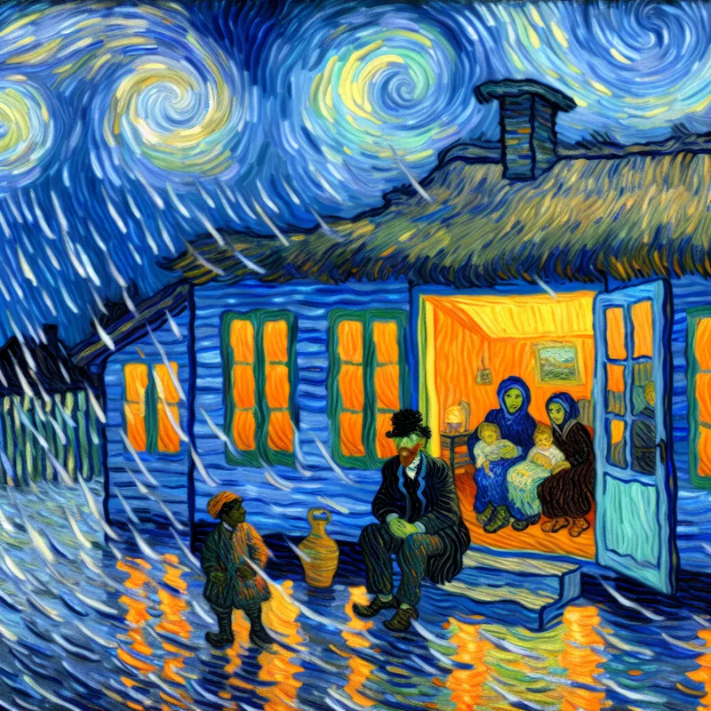 Schilderij in Van Gogh-stijl van een regenstorm buiten een gezellige woning