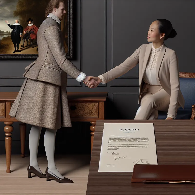 Professioneel tafereel van een handdruk bij het ondertekenen van een vast contract in een moderne kantooromgeving, met zichtbare stempel 'vast contract'