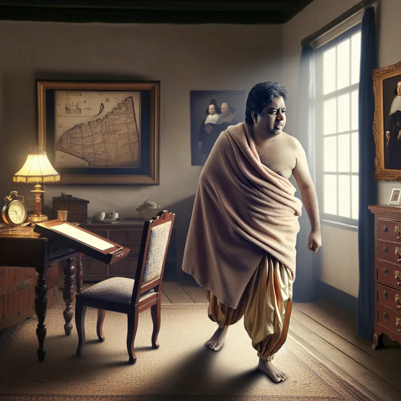 Man in traditioneel Nederlands interieur met Vermeer-invloed, ondanks ziekte vastberaden aan schrijftafel werkend