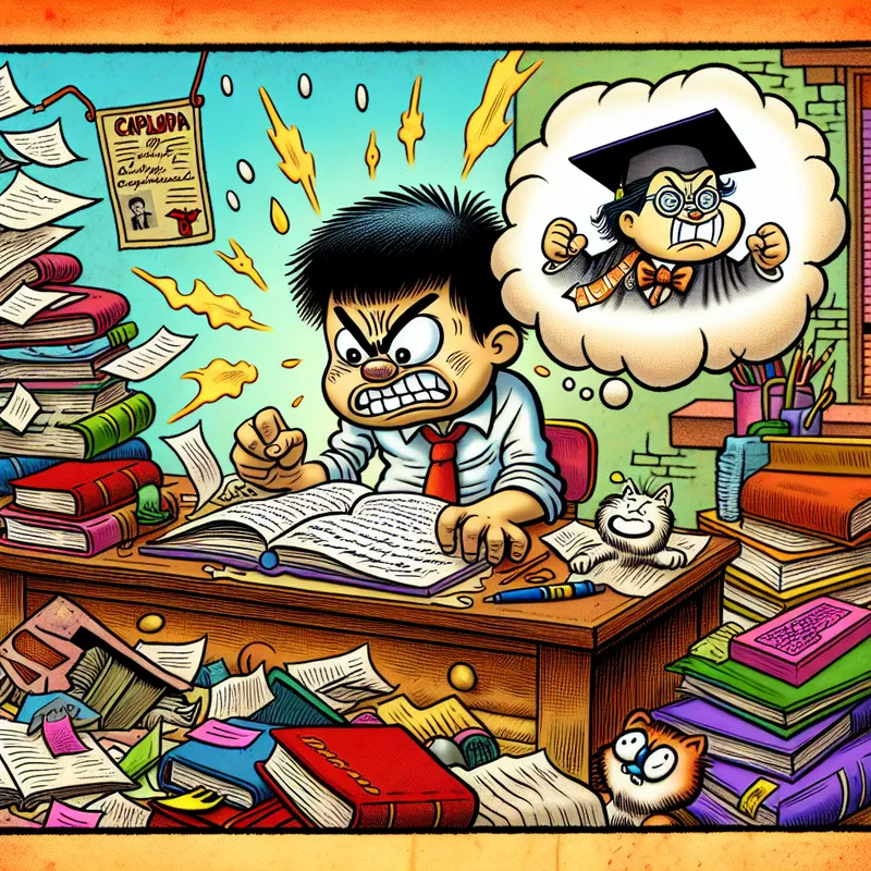 Een cartoon afbeelding van een vastberaden student die aan een rommelig bureau zit, omringd door boeken en aantekeningen, met een blik van concentratie en een denkbel met een diploma en afstudeerhoed boven zijn hoofd. Er is een kat die op het bureau lounged in een kleurrijke achtergrond vol schoolspullen.