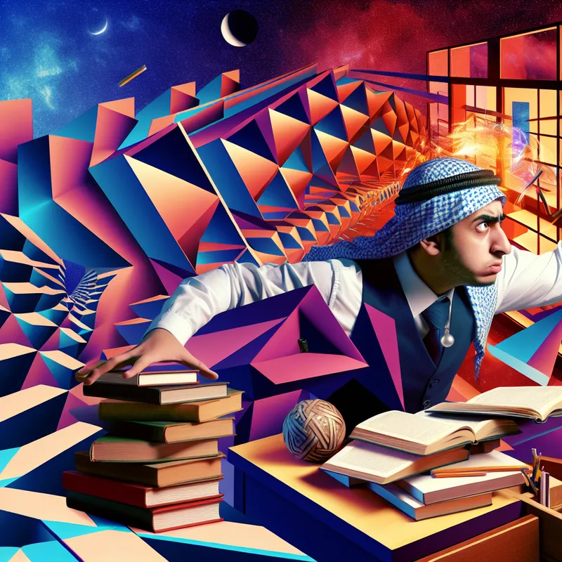 Een vastberaden student zit aan een chaotische bureau vol boeken en studiemateriaal, met surrealistische geometrische vormen en onmogelijke structuren op de achtergrond.