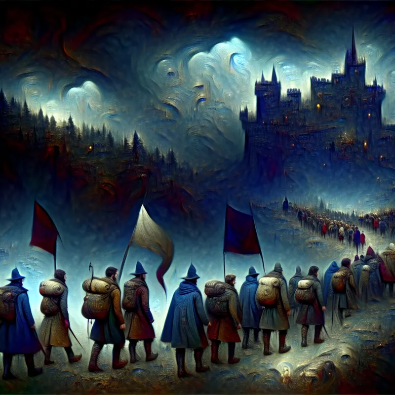 Groep van individuen die vastberaden naar een dreigend kasteel wandelen op een mistig pad.