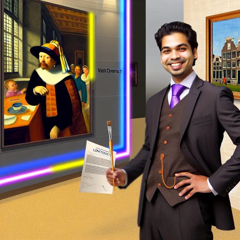 Portret van een zelfverzekerde man in zakelijke kleding met een vast arbeidscontract voor een bedrijfspand met naamplaat 'Vast Contract', symboliserend stabiliteit en een vaste baan