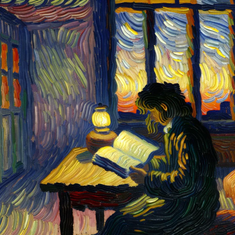 Vrouw leest een boek in een gezellige kamer met warme verlichting, geschilderd in de stijl van Vincent van Gogh, ter illustratie van een vaste gewoonte
