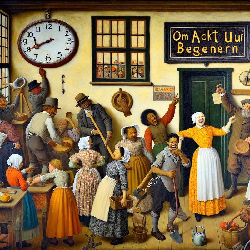 Levendige Nederlandse huishoudenscène in de stijl van Jan Steen met een schoolmeester die naar een klok wijst die 8 uur aangeeft, terwijl mensen zich voorbereiden op een vaste regel zoals 'Om Acht Uur Beginnen'