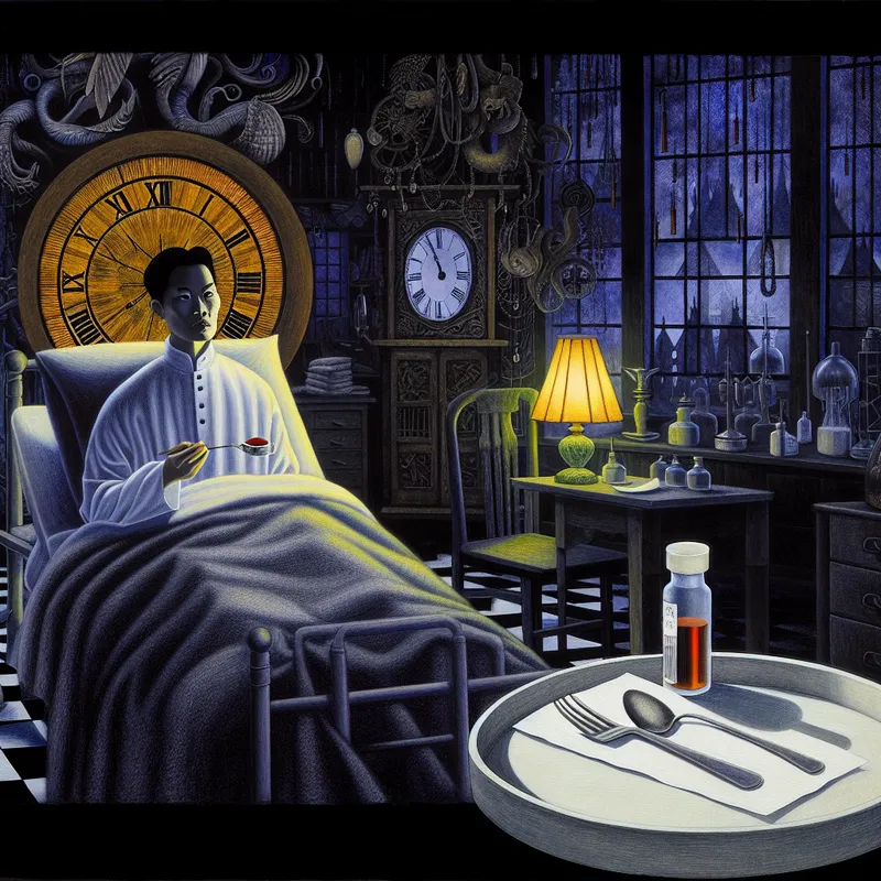 Patiënt zit vastend in een donker ziekenhuiskamer om middernacht, kijkt naar een leeg bord met een klok die twaalf uur aangeeft, voorbereidend op een bloedonderzoek