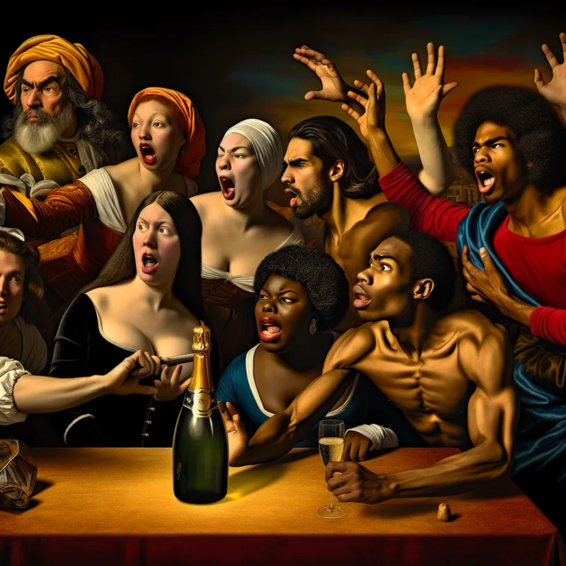 Barokke scène van een groep mensen die gespannen wachten met een fles champagne, symbool voor het concept 'vasthouden' in taal en gedrag