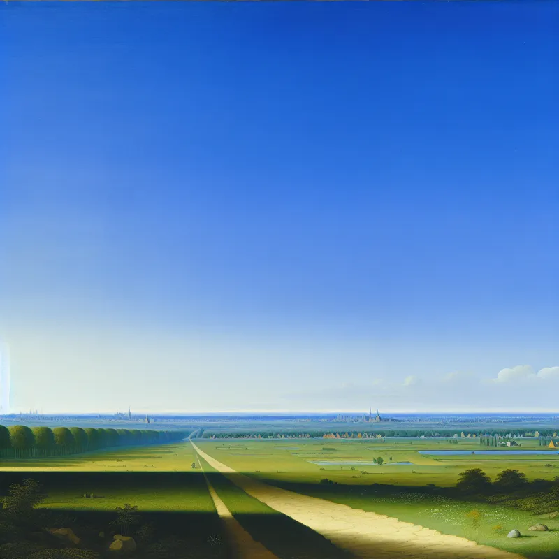 Een serene landschap met een pad dat naar de horizon leidt, waar twee steden zichtbaar zijn onder een heldere blauwe lucht.