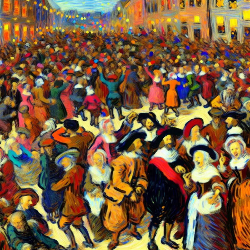 Drukke feestelijke bijeenkomst met een overweldigende menigte mensen in de stijl van Frans Hals, benadrukt het concept 'zoveel' of 'veel'