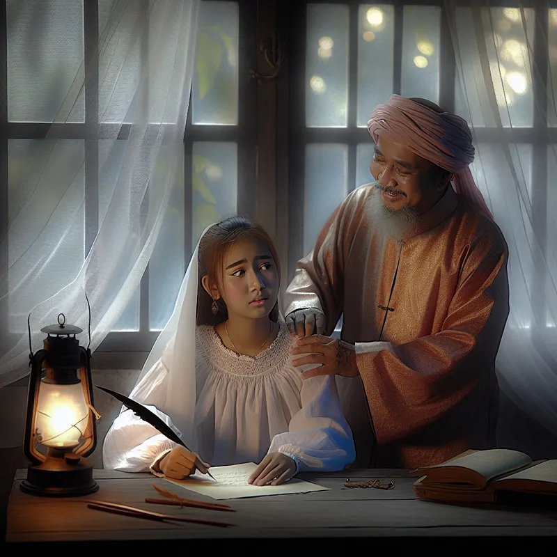 Jonge student krijgt bemoedigende schouderklop van mentor met gloeiende lantaarn in sfeervolle Vermeer-stijl, symbool voor veel succes