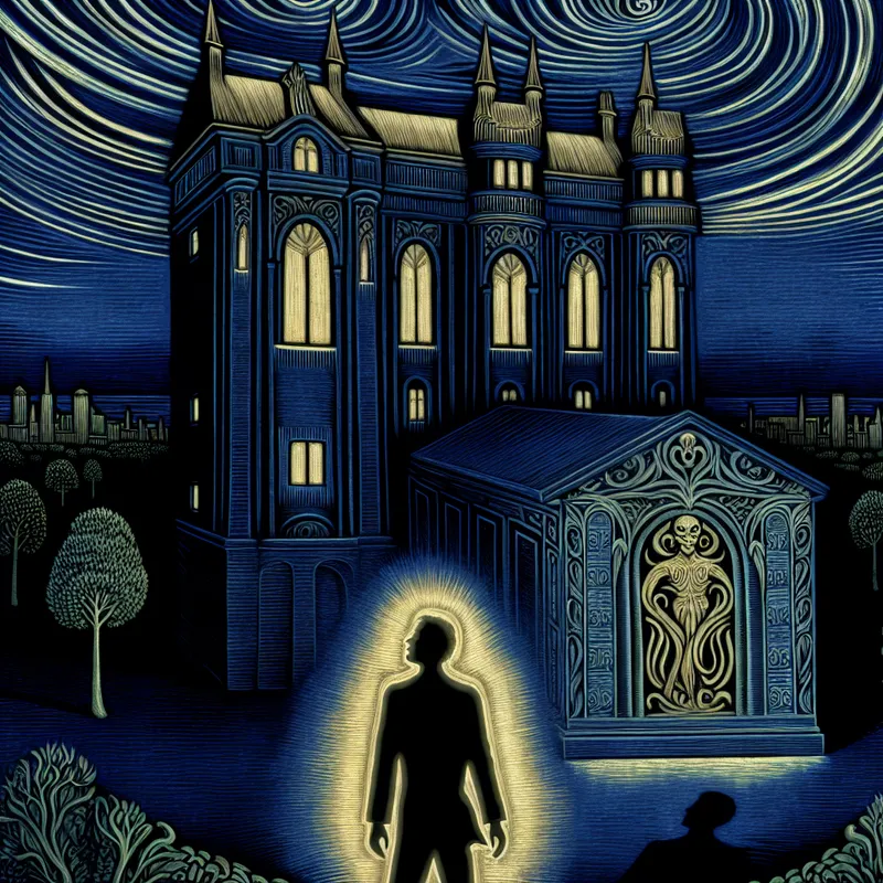 Een mysterieuze figuur staat voor een groot, sierlijk kasteel, dat een beloofde toekomst symboliseert, onder een twilight lucht met zwervende wolken.