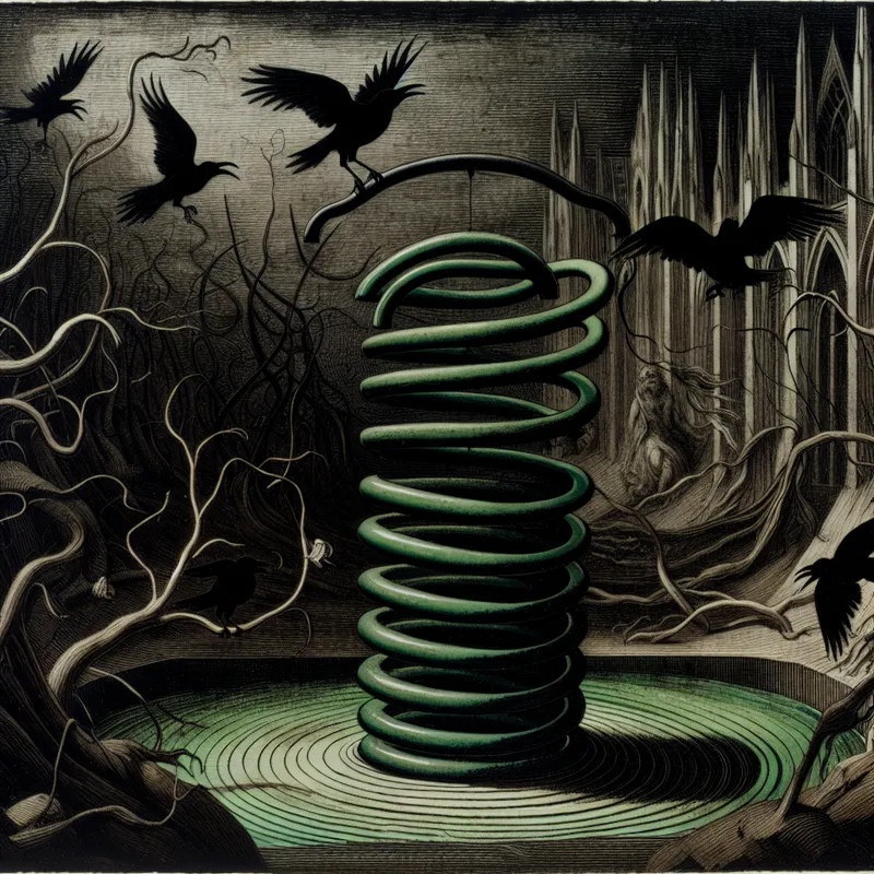 Grote, intricately ontworpen veer in een gotische setting, net vrijgegeven na compressie met schaduwen en raafachtige elementen eromheen.