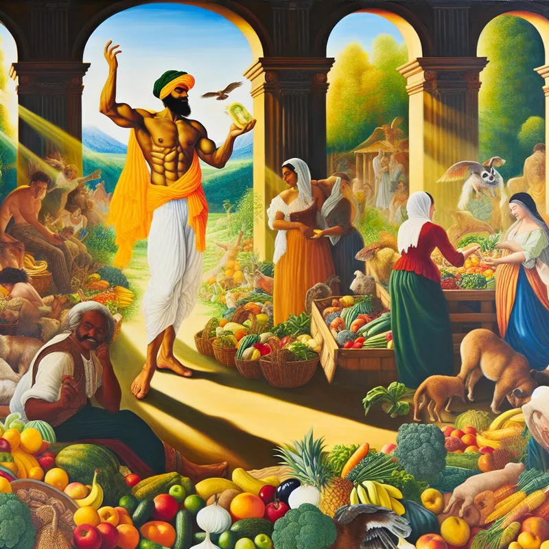 Barokke marktscène met ethische keuzes en veganistische levenswijze, mensen en dieren in harmonie