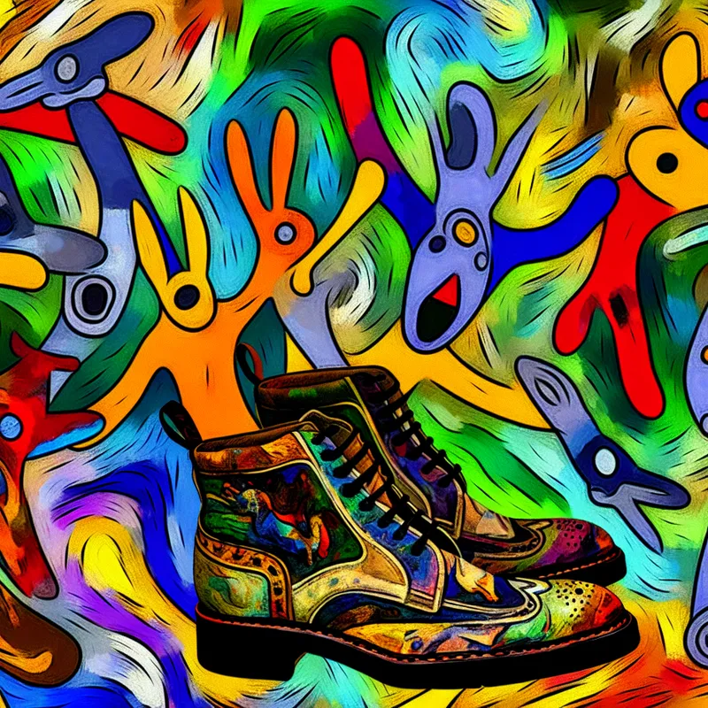 Abstracte kunst met veganistische schoenen centraal, omringd door doorgestreepte dieren als symbool voor dierproefvrij en diervriendelijke materialen