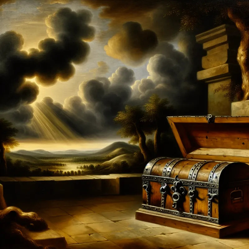 17e-eeuws Hollands landschap met een houten kist op een stenen voetstuk in een beveiligde kluis, symbolisch voor het veilig bewaren van waardevolle spullen of digitale wachtwoorden