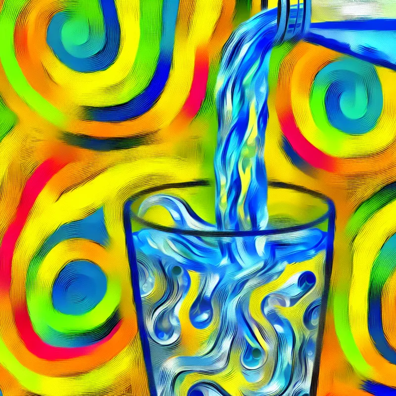 Abstract schilderij van een glas helder water dat in een kopje wordt gegoten, veilig om te drinken, in expressieve stijl van Karel Appel