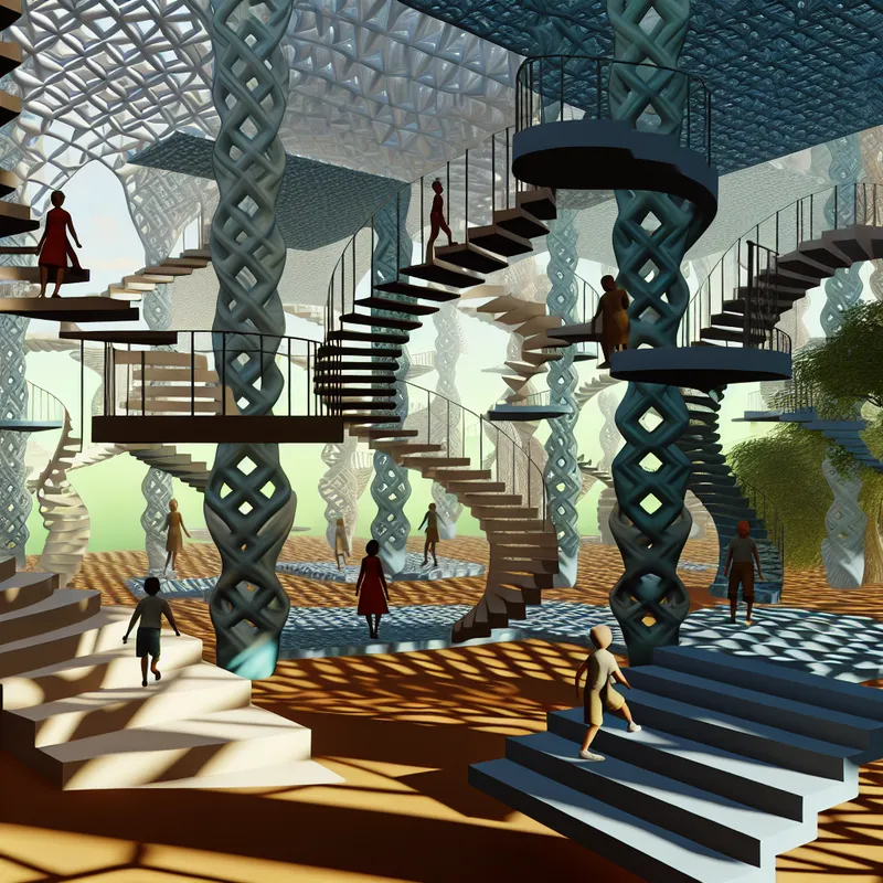 Surrealistisch speelparadijs in Escher-stijl met geometrische vormen die transformeren in organische structuren, waar kinderen veilig en vrolijk spelen in een omgeving van oneindige verkenning en bescherming