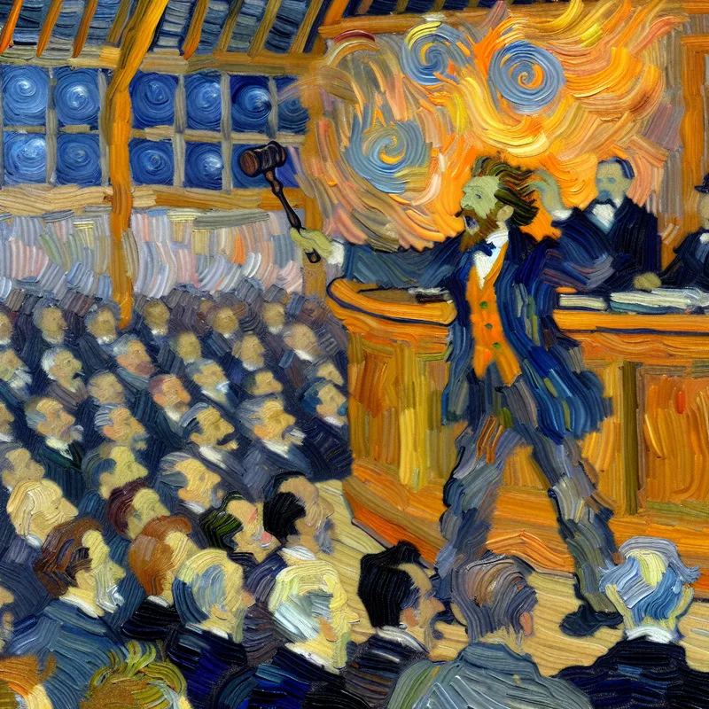 Dramatische veilingtafereel in Van Gogh-stijl met opgewonden veilingmeester die 'Eenmaal, andermaal, verkocht!' roept terwijl hij de hamer zwaait