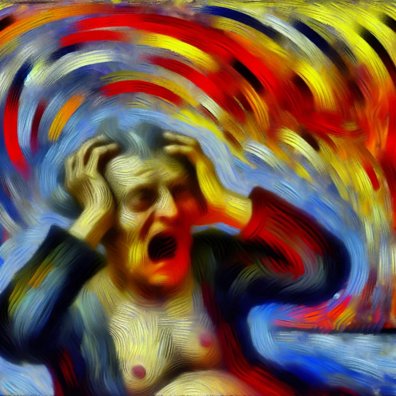 Abstract expressionistische voorstelling van een persoon die pijn veinzt met dramatische gebaren en vervormde gezichtskenmerken, omringd door chaotische, kleurrijke penseelstreken
