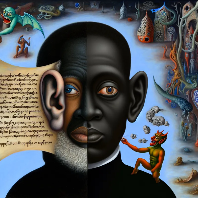 Surrealistisch tafereel in de stijl van Hieronymus Bosch van een persoon met een dubbelzijdig masker dat veinzen en bedrog uitbeeldt, omringd door symbolische elementen zoals een oor met een fluisterende demon en gebroken tekst