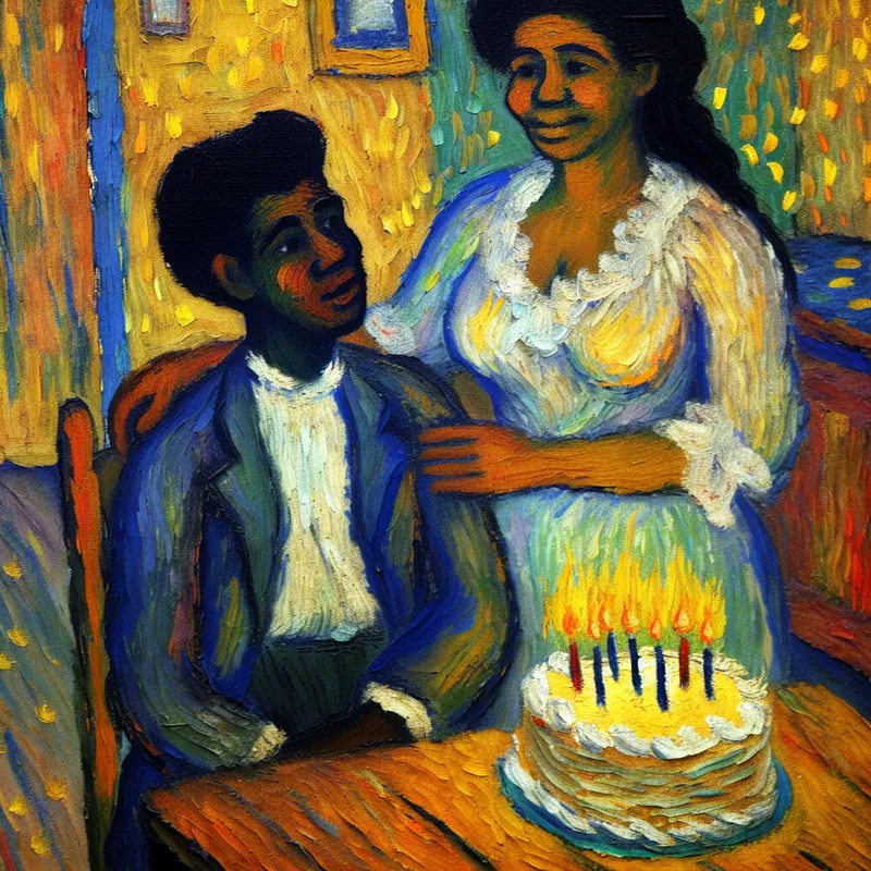 Informeel tafereel van een stel in huiselijke sfeer met verjaardagstaart, geïnspireerd op Van Gogh, ter illustratie van het woord 'vent' als informele benaming voor een partner of echtgenoot