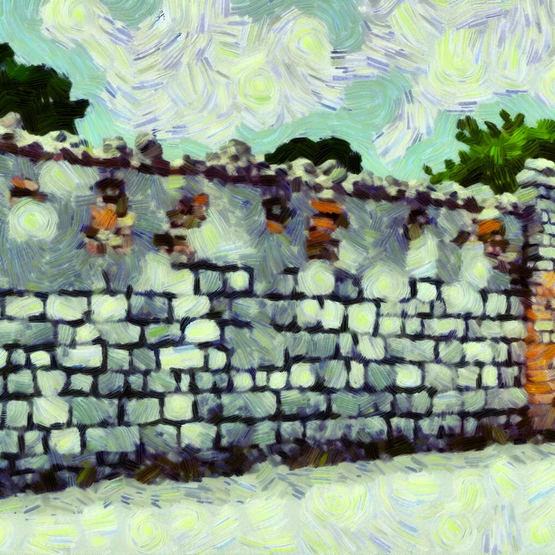 Een oud, verweerd muur dat vervormt onder de kracht van sterke wind en regen, met scheuren en mos.