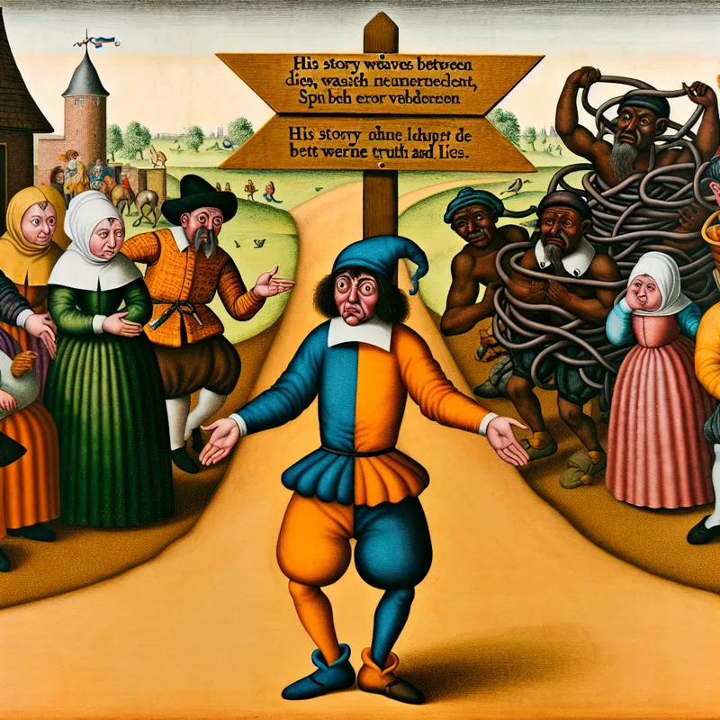 Een personage staat verwilderd op een kruispunt, met een kleurrijke en een chaotische achtergrond die waarheid en leugen vertegenwoordigen.