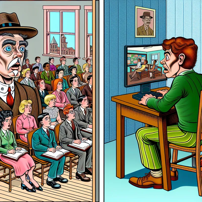 Een schattige cartoonfiguur staat voor een gesplitst achtergrond. Aan de linkerkant is een klaslokaal met leerlingen, en aan de rechterkant een thuiswerkplek met de figuur achter een computer.