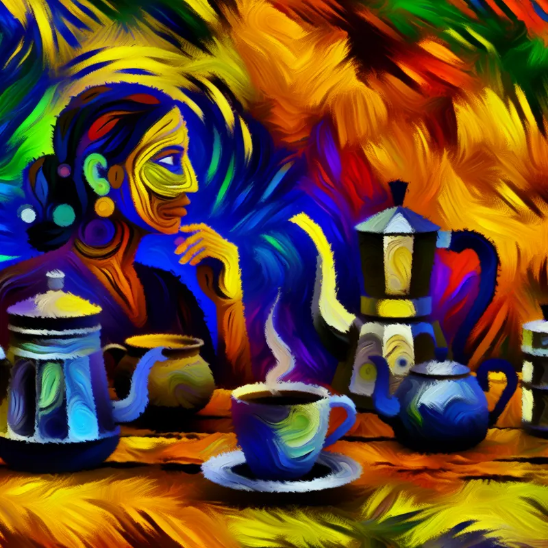 Abstract compositie van gefrustreerde persoon omringd door koffiezetapparatuur en een kop thee, symboliseert de overstap van koffie naar thee