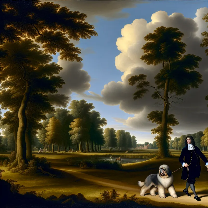 17e-eeuwse Nederlandse landschapsschilderij met een man en zijn goed verzorgde hond tijdens een wandeling in een park